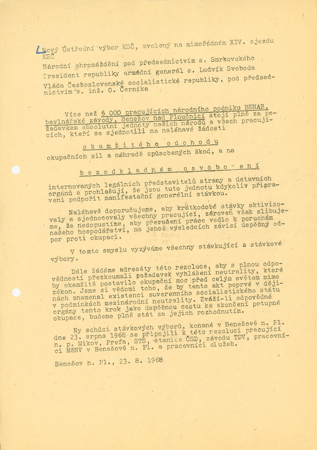 Declaration of Support of Trade Unions for the New Political Leadership of Czechoslovakia