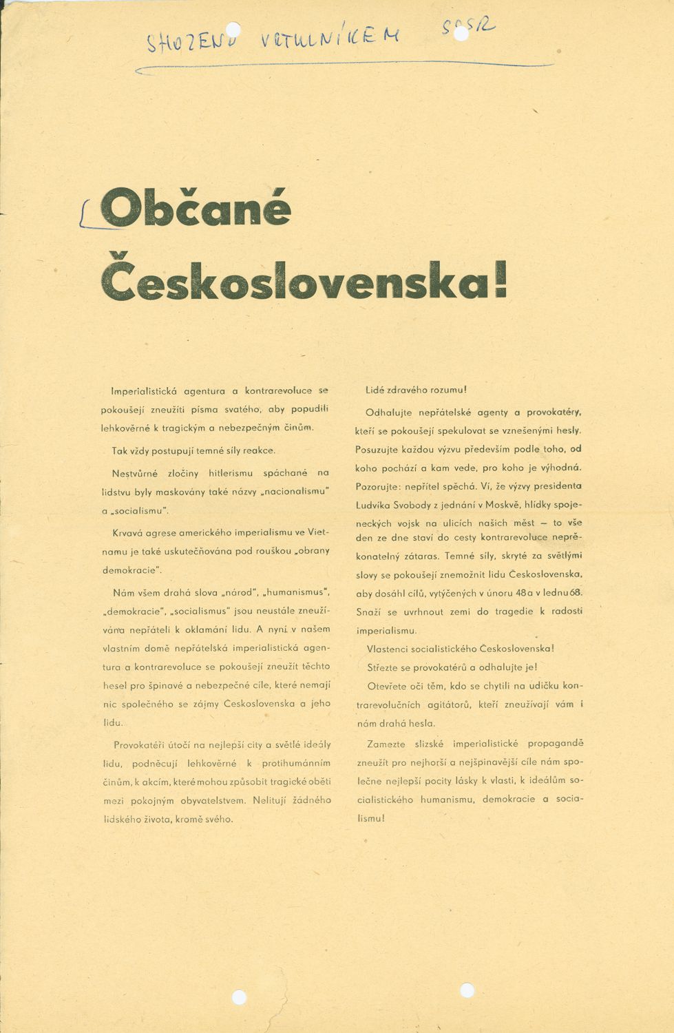Soviet Appeal to the Citizens of Czechoslovakia Not to Fall for Counter-Revolution