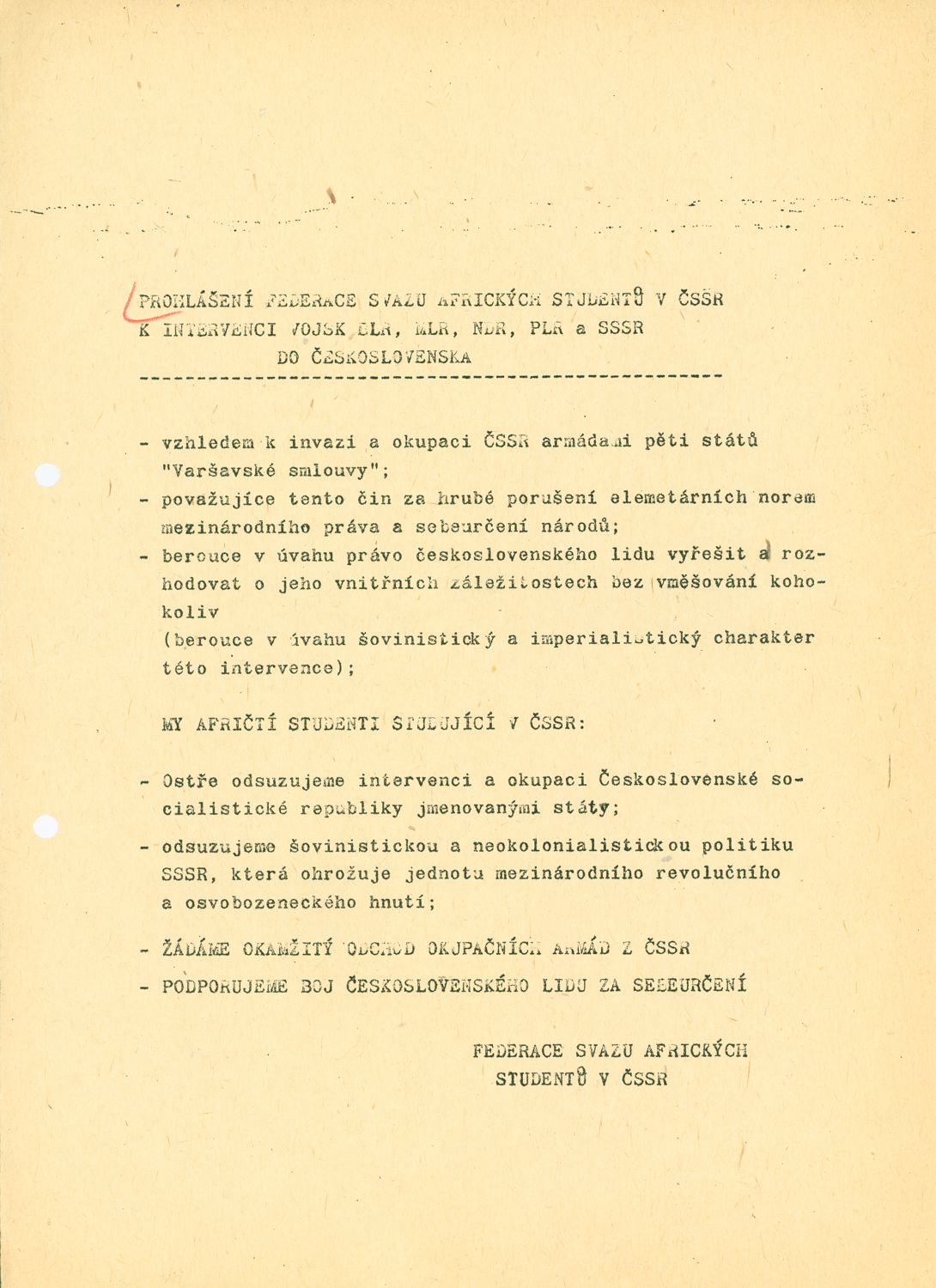Statement of the African Students' Union in Czechoslovakia