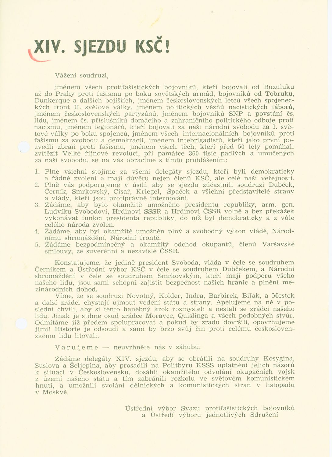 Appeal of the Anti-Fascist Associations to the Delegates of the XIVth Congress of the Czechoslovak Communist Party