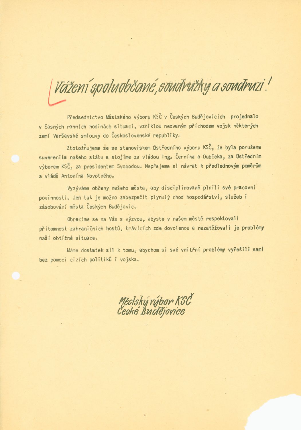 Appeal of the Local Committee of the Communist Party in Česke Budejovice