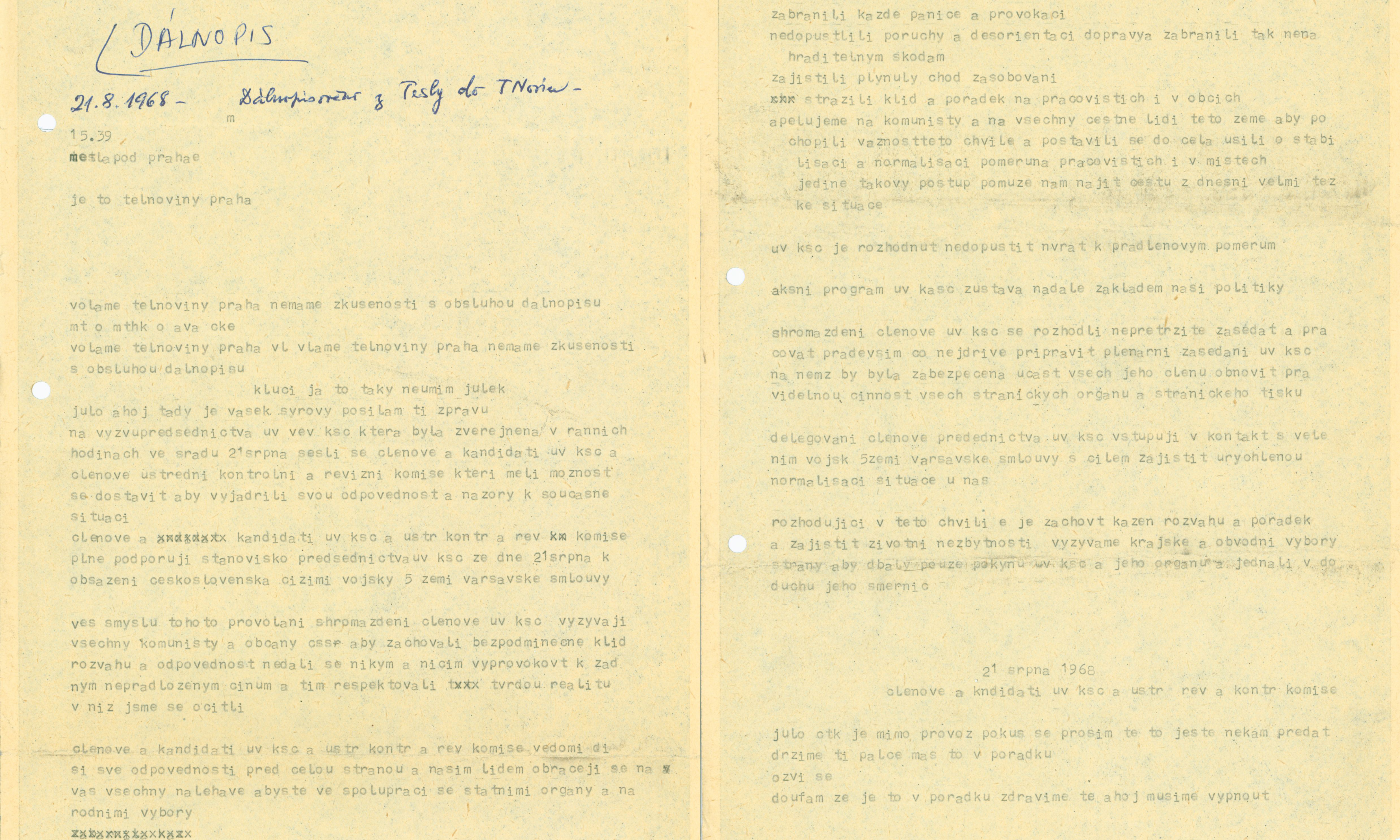 Telex Disseminating News About the Events of August 21, 1968, upon the Request of the Leadership of the Communist Party